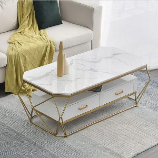 Bàn Trà Sofa Kim Loại Mặt Đá Trắng Có Ngăn Kéo 05